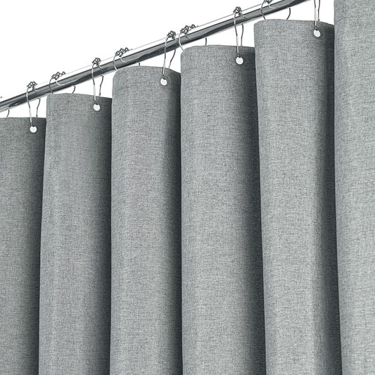 72x90 Linen Textured Waterproof Fabric Shower Curtain Set, Grey/Gray | Long Size, 230GSM Polyester, Heavy Duty Cloth, Weighted Hem, 12 Plastic Hooks, Modern Luxury Hotel Style, Machine Washable