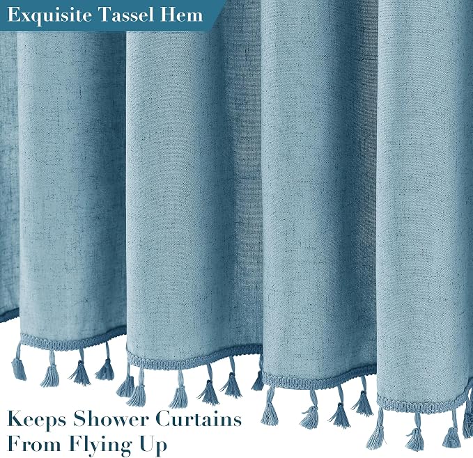 Blue Boho Linen Shower Curtain 72 Inch Fabric Textured Elegant Shower Curtain Set with Hooks Simple Aesthetic Bathroom Decor with Hooks Vintage Cottage Bath Curtain for Bathroom 72x72