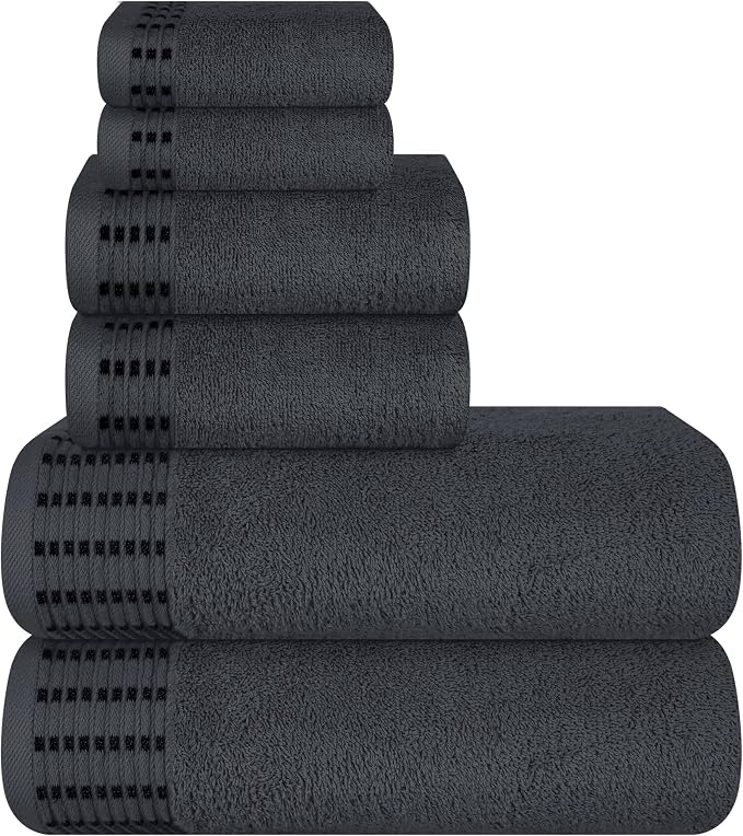 Ultra Soft 6 Pack Cotton Towel Set, Contains 2 Bath Towels 28x55 inch, 2 Hand Towels 16x24 inch & 2 Wash Cloths 12x12 inch, Ideal Everyday use, Compact & Lightweight - Charcoal Grey