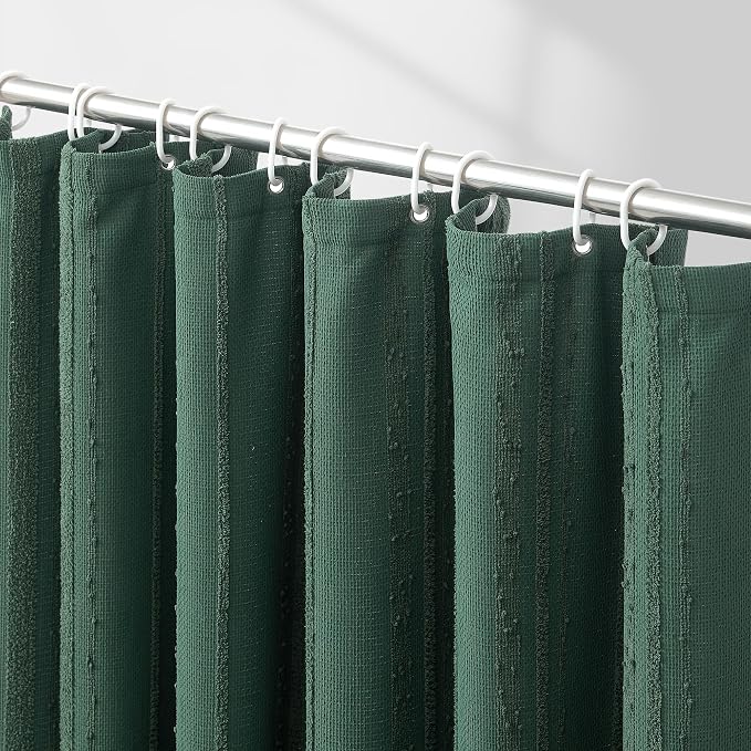 Extra Long Dark Green Shower Curtain Boho, 72 x 78 Cotton Blend Waffle Weave Stripe Textured Heavy Duty, Fabric Shower Curtain for Bathroom
