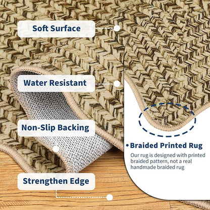 Imitation Braided Collection-Print 2x8 Runners for Hallway Non Slip Washable Kitchen Rugs, Farmhouse Rustic Bordered Area Rug Soft Low Pile Indoor Carpet Runners for Entryways, Living Room