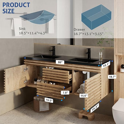 eclife 60" Floating Bathroom Vanity with Sink Combo, Mid-Century Wall Mounted Cabinet with Wood Stripes Decor, Drawers, Undermount Double Black Sink, Faucet, Drain, Light Walnut