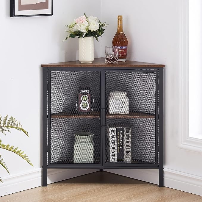 VECELO Corner Cabinet/Table, 3-Tier Shelves with Protection Door, Metal Frame Storage Shelf Organizer for Small Space, Living Room, Kitchen, Bathroom