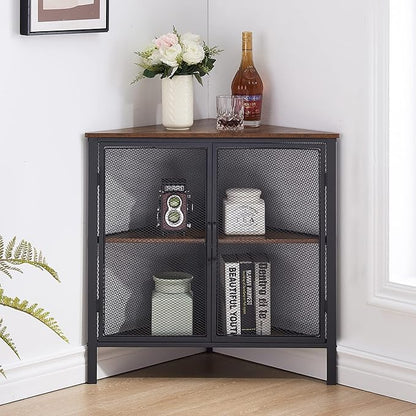 VECELO Corner Cabinet/Table, 3-Tier Shelves with Protection Door, Metal Frame Storage Shelf Organizer for Small Space, Living Room, Kitchen, Bathroom