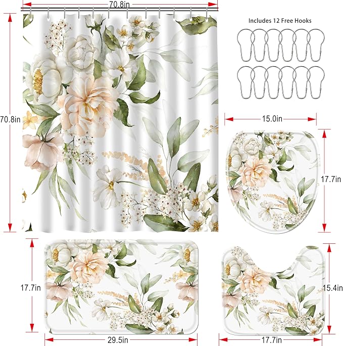 Flower Bathroom Set with Shower Curtains and Rugs | 120gsm Bathroom Curtain Set with Brushed Metal Hooks