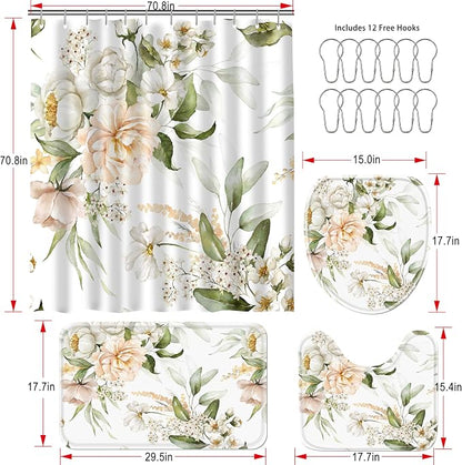 Flower Bathroom Set with Shower Curtains and Rugs | 120gsm Bathroom Curtain Set with Brushed Metal Hooks