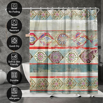 Americanflat 71x74 Boho Shower Curtain - Water-Resistant Long Shower Curtain with Durable Metal Grommets and 12 Hooks - 100% Polyester - Turquoise, Rust Red, Magenta and Olive Green