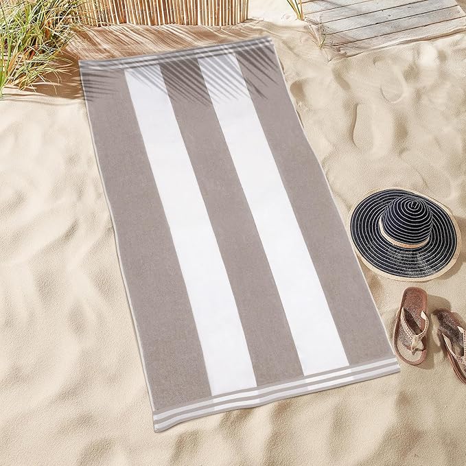 Superior Cotton Nautical Stripe Beach Towels, Colorful Towels for Adult, Kid, Pool, Swimming, Sand, Travel, Large Oversized, Absorbent, Fast Drying, Bath Basics, Cabana Collection, 1 Piece, Light Grey