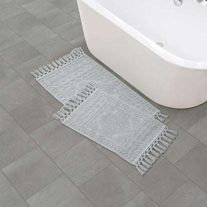 French Connection Nellore Bath Rugs, Set of 2 Woven and Beaded Bath Mats, Durable and Thick Bath Mats for Bathroom and Shower Rugs, 17" x 28" and 20" x 38", Light Grey