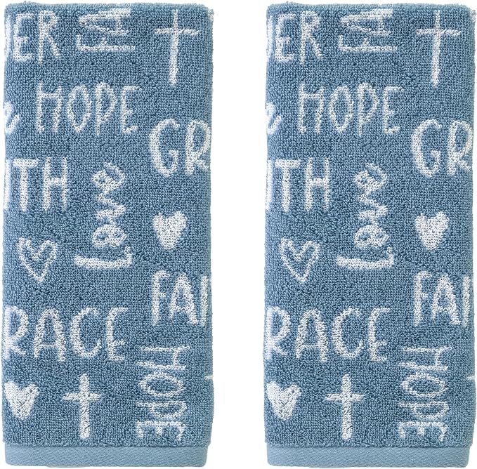 SKL Home Faithful Words Hand Towel Set-2pc, 100% Cotton Jacquard, Blue | Plush & absorbent terry. Pattern colors reverse on back side. For use in the bathroom, kitchen, or any sink space.