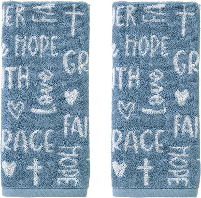 SKL Home Faithful Words Hand Towel Set-2pc, 100% Cotton Jacquard, Blue | Plush & absorbent terry. Pattern colors reverse on back side. For use in the bathroom, kitchen, or any sink space.