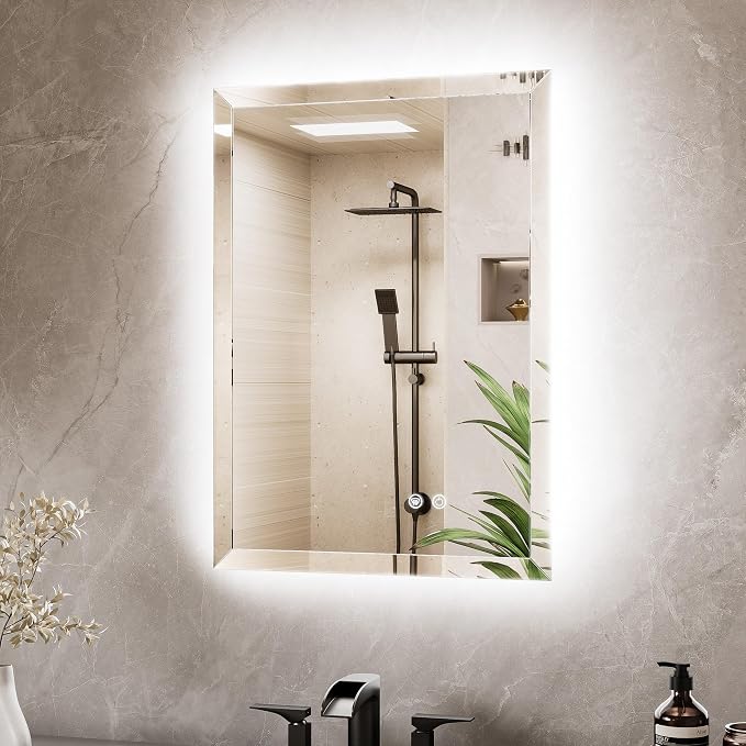 20 x 28 Backlit Mirror Bathroom, LED Vanity Mirror with Beveled Edge, Tempered Glass, 3 Colors Lights, Anti-Fog, Dimmable, Memory Function, UL-Listed, Frameless LED Vanity Wall Mirror