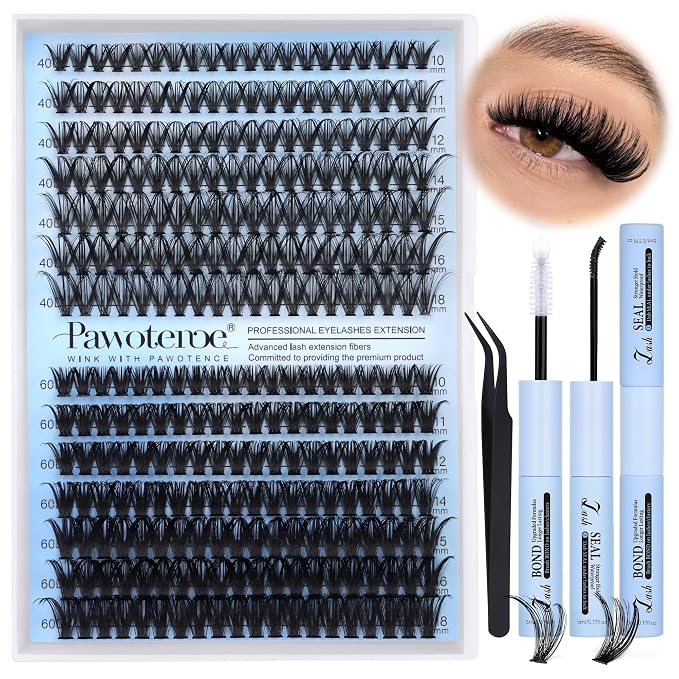 Lash Clusters Kit 40D 60D Lash Extension Kit 10-18mm Cluster Eyelash Extension Kit Individual Lashes 280pcs Eyelash Clusters with Lash Bond and Seal, Lash Tweezers for Self Use