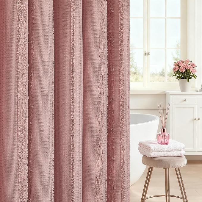 Pink Shower Curtain Boho, Cotton Blend Waffle Shower Curtain Textured, Fabric Shower Curtains for Bathroom, Washable 72 x 72