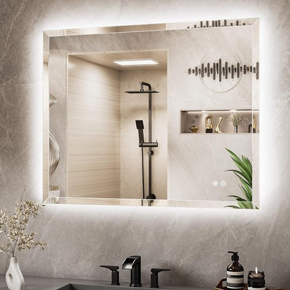 40 x 32 Backlit Mirror Bathroom, LED Vanity Mirror with Beveled Edge, Safe Tempered Glass, 3 Color Temperature, Anti-Fog, Dimmable, Smart Bathroom Mirror, Wall-Mounted Vanity Mirrors