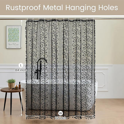 WAZZIO Black Lace Shower Curtain - Vintage Pretty Floral Sheer Shower Curtains Goth, Decorative Tassel Bath Curtains for Bathroom, 72 x 84 Inch, 1 Panel