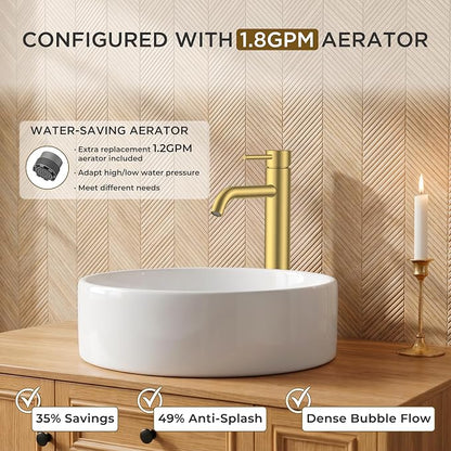 FORIOUS Vessel Tall Bathroom Faucet 1 Hole Brushed Gold Single Handle | for 1 Hole Vessel Sink Only, Single Handle Faucet with Pop up Drain, for Basin Bowl Vanity Lavatory Residential/Commercial