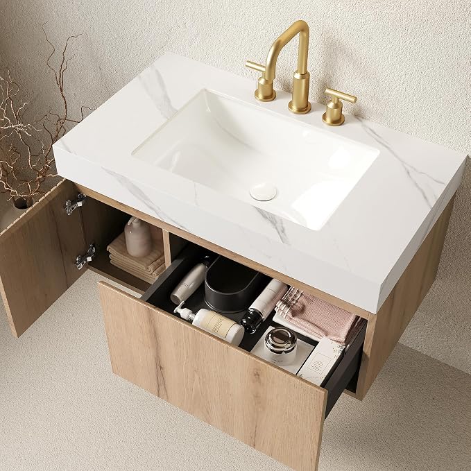 KEIKI 36 Inch Floating Bathroom Vanity with Sink, White Oak & White | Modern Wall Mounted Storage Cabinet w/ Drawer & Door, Pre-assembled Wood Panels, Sintered Stone Top & Ceramic Basin Combo Set