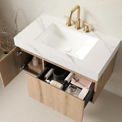 KEIKI 36 Inch Floating Bathroom Vanity with Sink, White Oak & White | Modern Wall Mounted Storage Cabinet w/ Drawer & Door, Pre-assembled Wood Panels, Sintered Stone Top & Ceramic Basin Combo Set