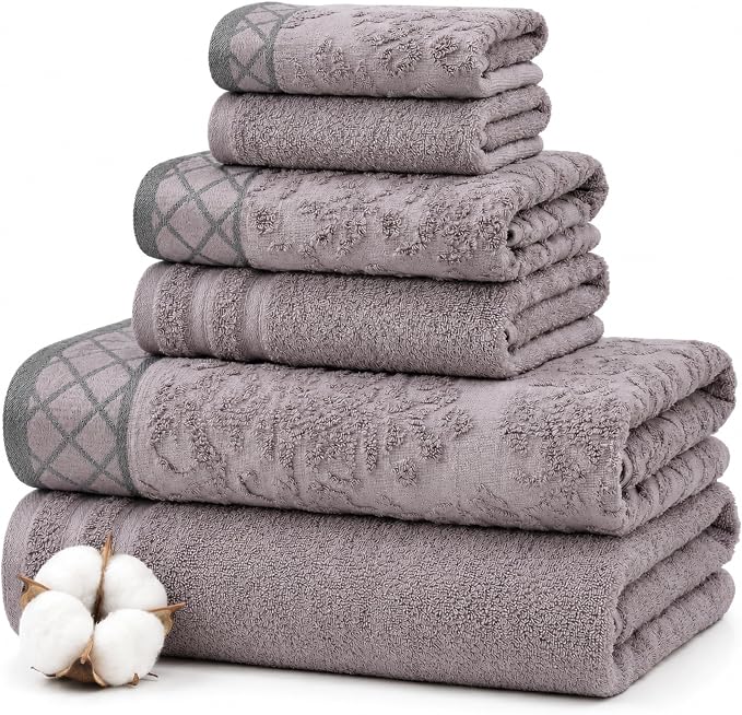 Modern Threads 6 Piece Cotton Bath Towel Set – Ultra Soft 550 GSM Towels – Bathroom Set with Hand Towels and Washcloths – Diamond Border (Silver Cloud)