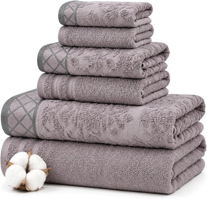 Modern Threads 6 Piece Cotton Bath Towel Set – Ultra Soft 550 GSM Towels – Bathroom Set with Hand Towels and Washcloths – Diamond Border (Silver Cloud)