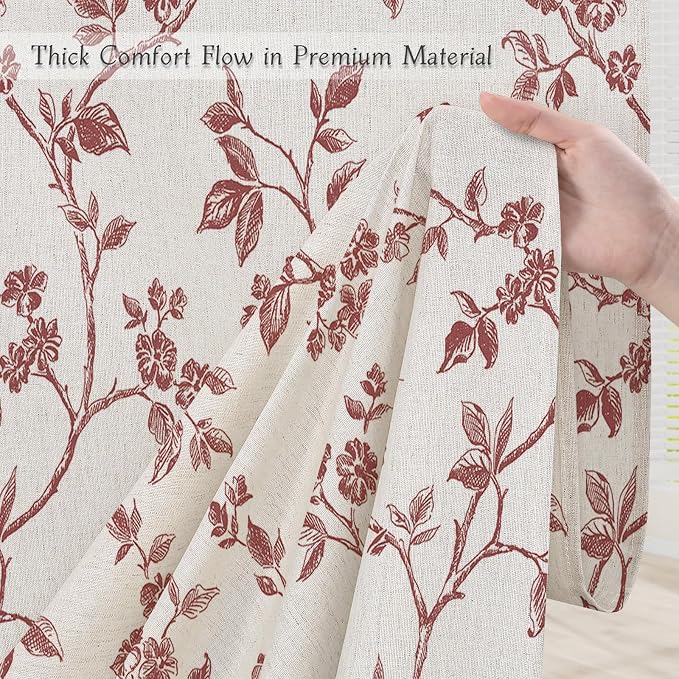 MitoVilla Burgundy Linen Floral Shower Curtain for Bathroom, 72 x 72 | Burgundy BoHo Cottagecore Spring Shower Curtains, Modern Farmhouse Country Plant Leaves Bathroom Décor, 72 x 72