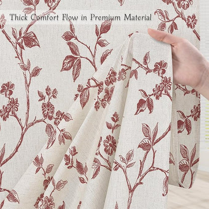 MitoVilla Burgundy Linen Floral Shower Curtain for Bathroom, 72 x 72 | Burgundy BoHo Cottagecore Spring Shower Curtains, Modern Farmhouse Country Plant Leaves Bathroom Décor, 72 x 72