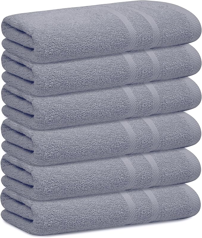 Looperry 6 Pack Small Bath Towel Set - 100% Cotton 23x46 Shower Towels in 450 GSM. Lightweight & Absorbent Quick Dry Gym Towel for Showering, Pet Drying, Spas & Salons. Terry Ringspun Towels (Grey)