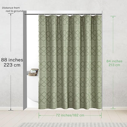 Extra Long Sage Green Boho Shower Curtain, 72 x 84 Tufted Chevron Textured Striped Modern Farmhouse Minimalist Cloth Shower Curtain for Bathroom