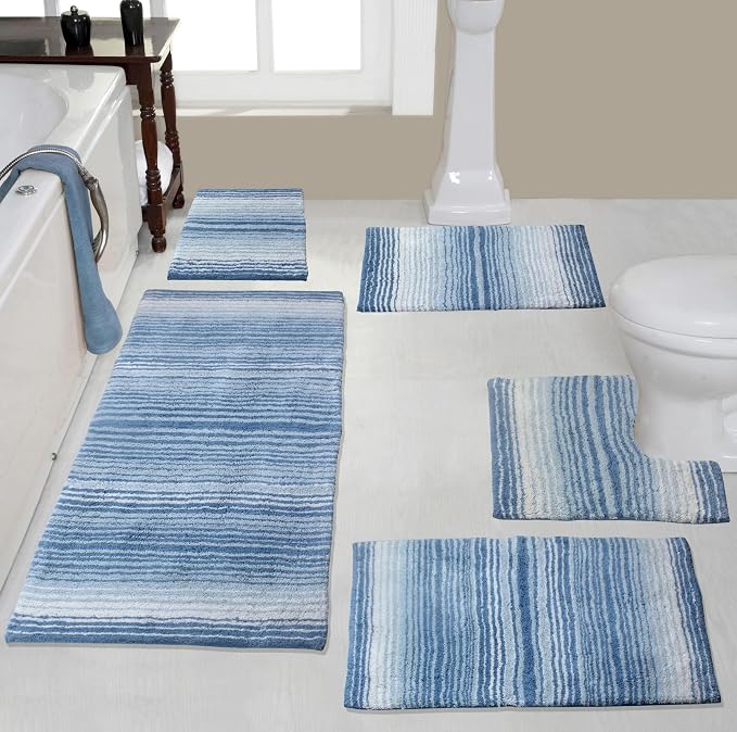Home Weavers 100% Cotton Gradiation Collection Bathroom Décor | Washable Rug | Bathroom Mat | Kitchen Mat | Bathroom Rug Set | Bath Mat Set | Bath Floor Mat Non Slip, 5 Piece Set with Contour, Blue
