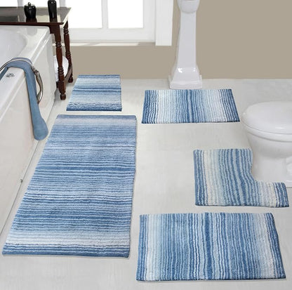 Home Weavers 100% Cotton Gradiation Collection Bathroom Décor | Washable Rug | Bathroom Mat | Kitchen Mat | Bathroom Rug Set | Bath Mat Set | Bath Floor Mat Non Slip, 5 Piece Set with Contour, Blue