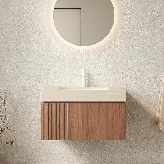 Ambrovina 30" Floating Bathroom Vanity with Sink, Modern Plywood Bathroom Storage Cabinet with Drawer and Door, Light Yellow Sintered Stone Countertop, White Ceramic Basin, Pre-Assembled, Light Oak