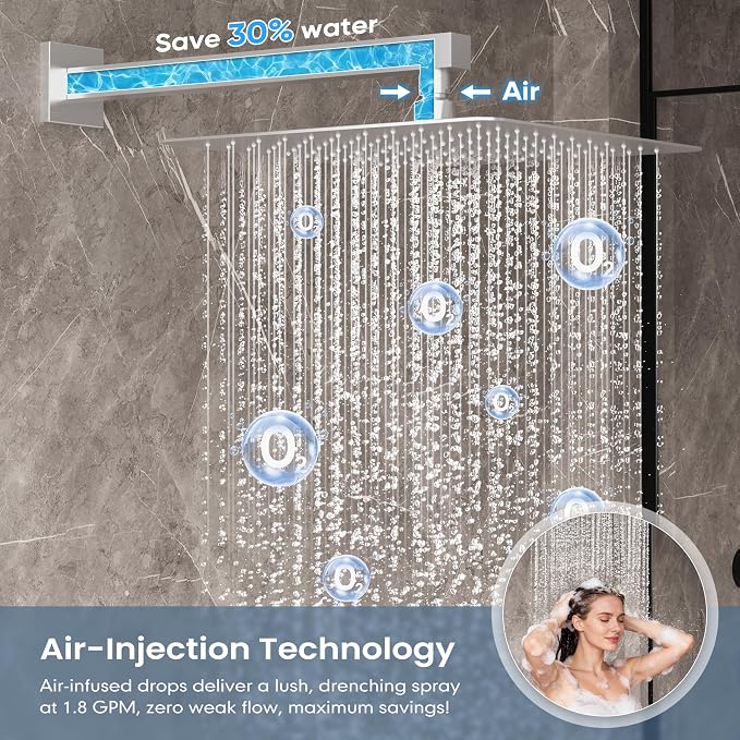 Brushed Nickel Shower Faucet Set with 12-Inch Rain Shower Head | Shower System with Rain Shower Head and Handheld, Wall Mounted High-Pressure Shower Head Combo Set with Shower Valve and Trim