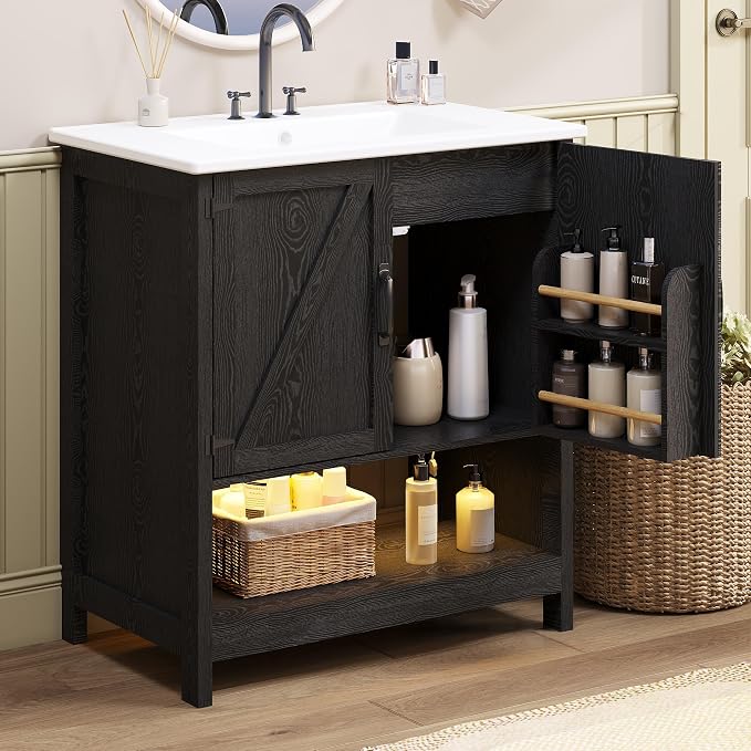 30 Inch Bathroom Vanity with Sink, Pedestal Sink Storage Cabinet with 2 Doors & LED Light, Mid-Century Modern Bathroom Vanity with Open Bottom Shelf, Black