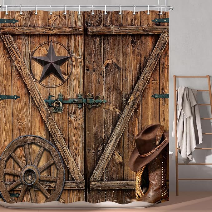 Texas Star Western Barn Door Shower Curtain Sets for Bathroom,Cowboy Hat Boots Wheel Decor Curtain, Vintage Rustic Wooden Board Farmhouse Bath Curtain with Hooks, 70X75IN