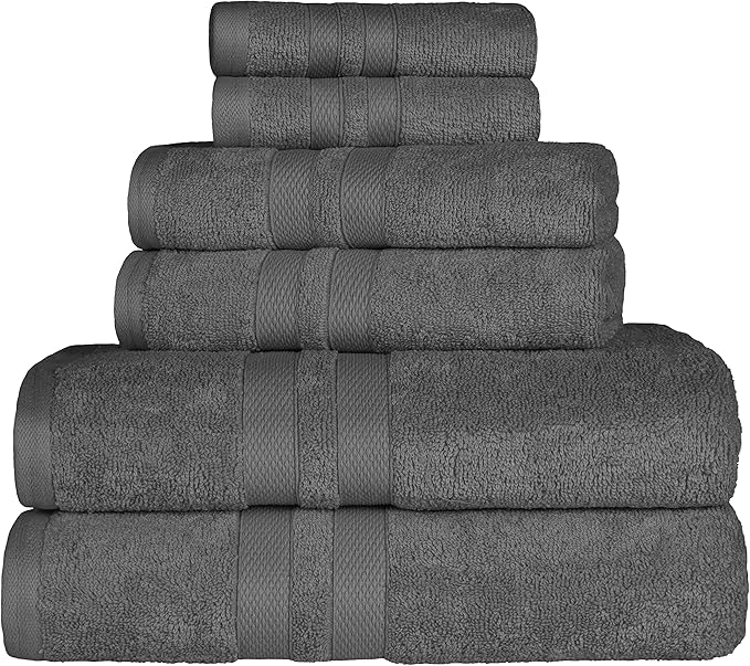Superior Ultra-Soft 6-Piece Cotton Towel Set, Includes 2 Bath Towels, 2 Hand Towels, and 2 Washcloths for Bathroom, Guest Room, Quick Dry, Daily Use Home Essential Towels - Charcoal