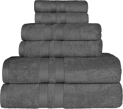 Superior Ultra-Soft 6-Piece Cotton Towel Set, Includes 2 Bath Towels, 2 Hand Towels, and 2 Washcloths for Bathroom, Guest Room, Quick Dry, Daily Use Home Essential Towels - Charcoal