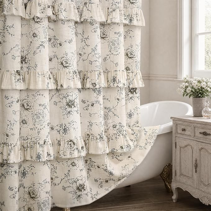 Farmhouse Floral Ruffle Shower Curtain for Bathroom | Vintage Black Linen Pattern Shower Curtains , Tan Taupe,72Wx72H
