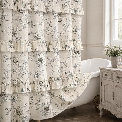 Farmhouse Floral Ruffle Shower Curtain for Bathroom | Vintage Black Linen Pattern Shower Curtains , Tan Taupe,72Wx72H