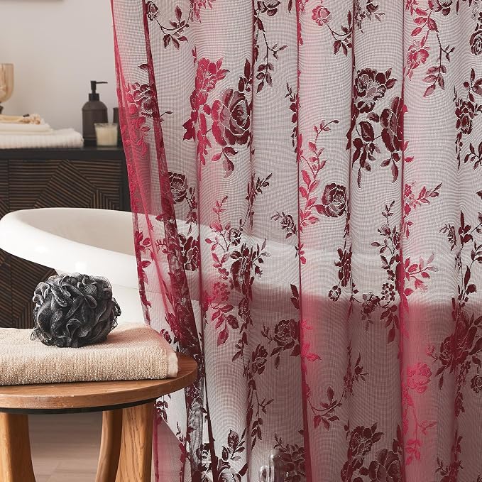 Burgundy Lace Shower Curtain for Bathroom Vintage Maroon Floral Shower Curtain with Attached Valance, Decorative Romantic Victorian Lace Bath Curtains Luxury Wine Bathroom Decor, 36 x 72 Inch, 1 Panel