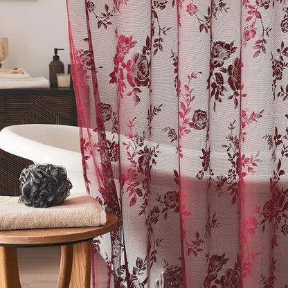 Burgundy Lace Shower Curtain for Bathroom Vintage Maroon Floral Shower Curtain with Attached Valance, Decorative Romantic Victorian Lace Bath Curtains Luxury Wine Bathroom Decor, 36 x 72 Inch, 1 Panel