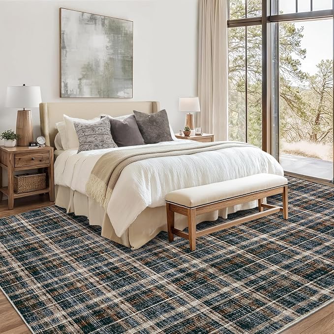 Large Living Room Rugs 10x13 Area Rug Stain Resistant Farmhouse Dining Room Carpet Non Slip Checkered Bordered Carpet for Classroom Dining Room, Black&Brown
