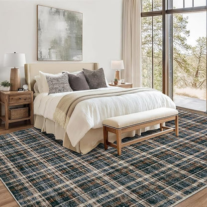Large Living Room Rugs 10x13 Area Rug Stain Resistant Farmhouse Dining Room Carpet Non Slip Checkered Bordered Carpet for Classroom Dining Room, Black&Brown
