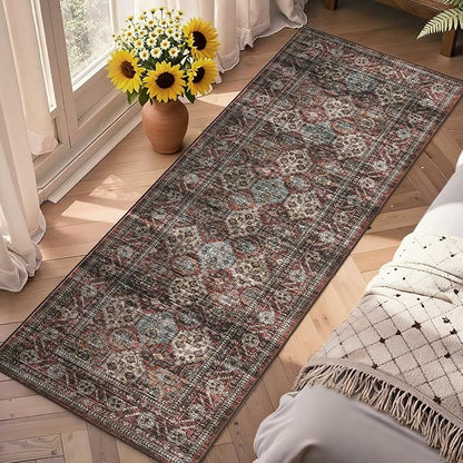 Washable Floral 2x6 Kitchen Rugs, Vintage Distressed Print Non Slip Hallway Runner, Retro Accent Ultra Thin Low Pile Throw Carpet for Entryway Bedroom Laundry Bathroom, Vintage Red