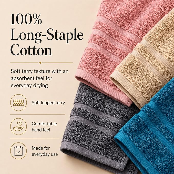 Velqora Bath Towels 4 Pack, 30x60 in, 100% Cotton, Soft, Multicolor | Pink, Gray, Beige & Blue Mix | Absorbent Terry | Balanced Weight | Easy Care
