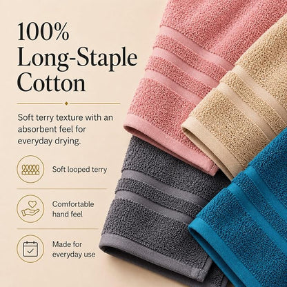 Velqora Bath Towels 4 Pack, 30x60 in, 100% Cotton, Soft, Multicolor | Pink, Gray, Beige & Blue Mix | Absorbent Terry | Balanced Weight | Easy Care