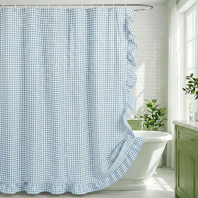 HunnmingRe Ruffled Gingham Shower Curtain Light Blue | 72'' x 72'' Vintage Farmhouse Curtain, Cotton Cottage Core Rural Checkered Plaid Decor, Fall Shower Curtain for Bathroom