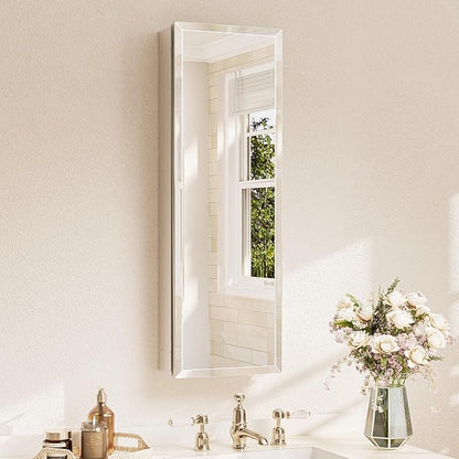 TETOTE 12 x 36 Bathroom Vanity Mirror Cabinet with Tempered Beveled MirrorSilverMedicine Cabinet Aluminum Cabinet DTC Hinges, Stepless Adjustable Shelves, Recessed/Surface-Mounted