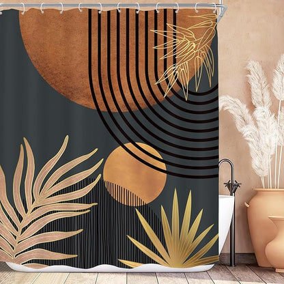Mid Century Brown Black Boho Abstract Modern Bathroom Shower Curtain Set | 60Wx72L Plant Botanical design, waterproof HD print with fast-drying fabric and 12 hooks.