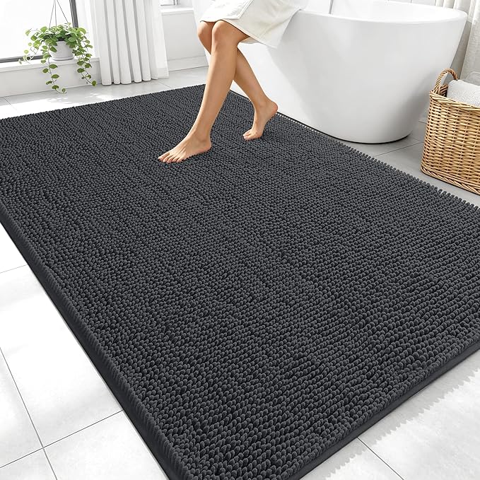 OLANLY Large Bathroom Rugs 70x46, Extra Soft Absorbent Chenille Bath Rugs | Dark Grey, Quick-Drying Rubber Backing, Machine Washable Bath Mat for Bathroom Floor, Tub and Shower, Home Decor Accessories